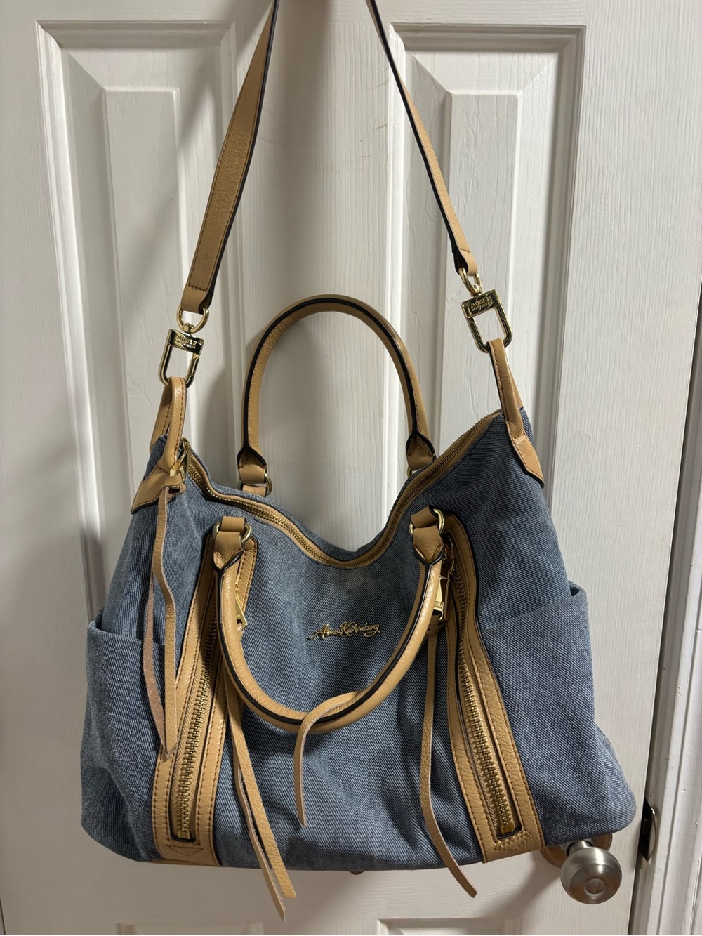 Aimee Kestenberg Denim Leather Satchel - Tan Trim & Double Zippers - EUC - Picture 2 of 13